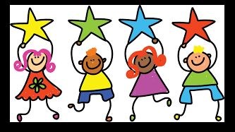 Vector art of children in colorful clothing holding colorful stars over their heads